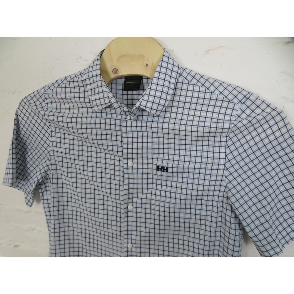 Helly Hansen Shirt Mens Large Blue Check Stretch Button Up Lightweight Hiking
